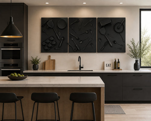 Chef's Kiss - Modern Black handcrafted Kitchen Wall Art Set | 3D Utensil Canvas Panels. &nbsp;1 - 3 Panel Set. (24x20”)