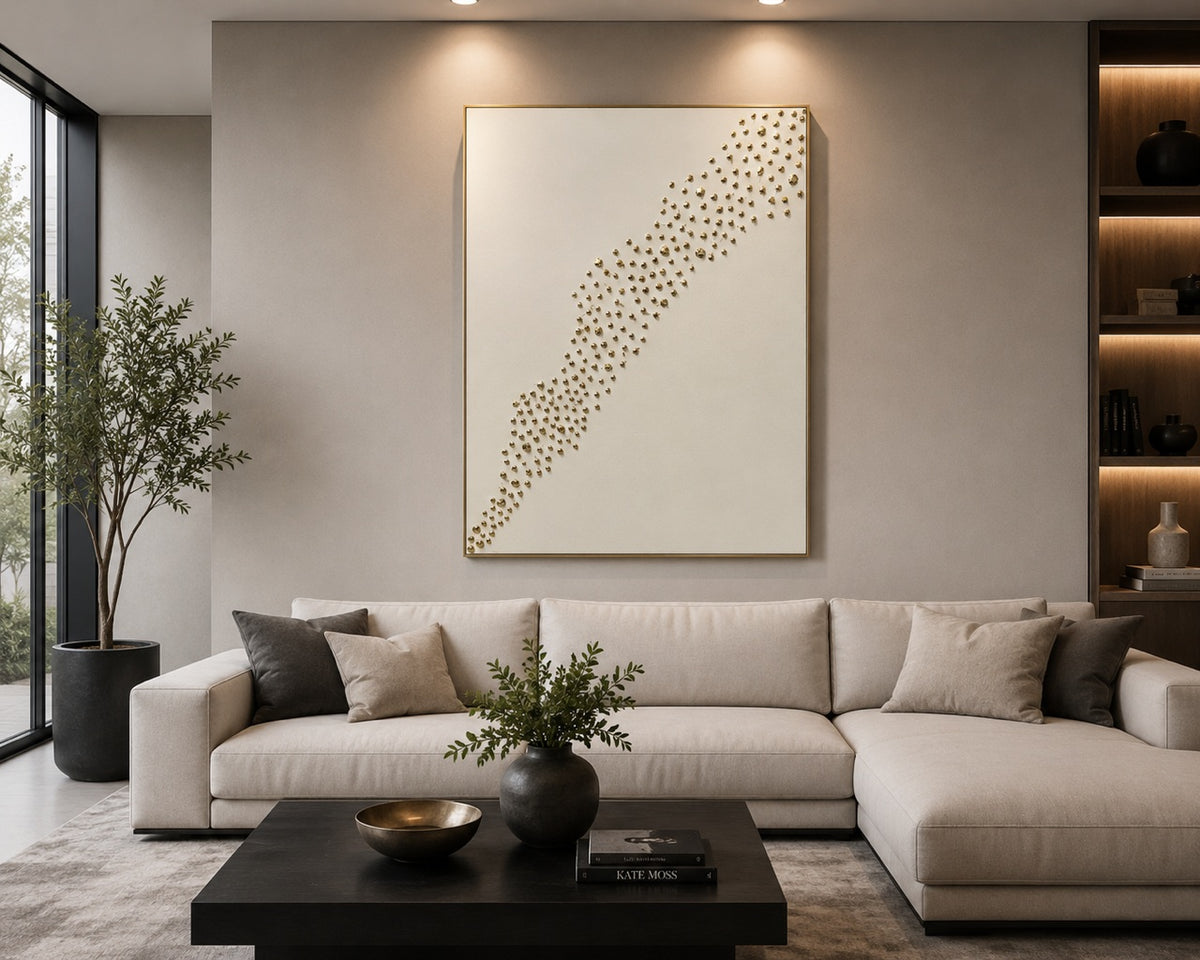Golden Cascade — White & Gold Abstract Wall Art