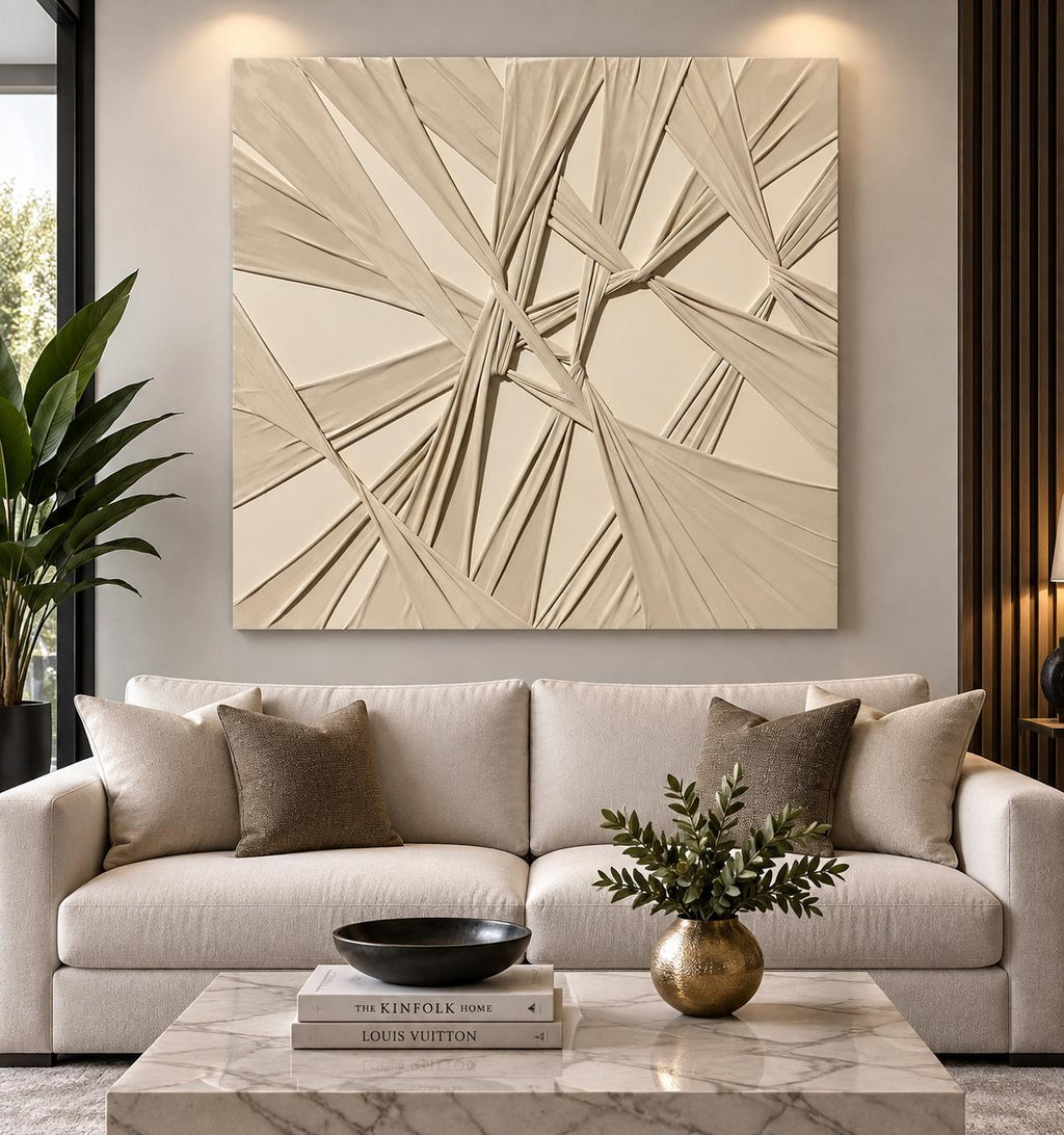 Handmade Textured Abstract Canvas Art | Cream With Frame included, Modern Organic Decor. (30x30”) Additional sizes available