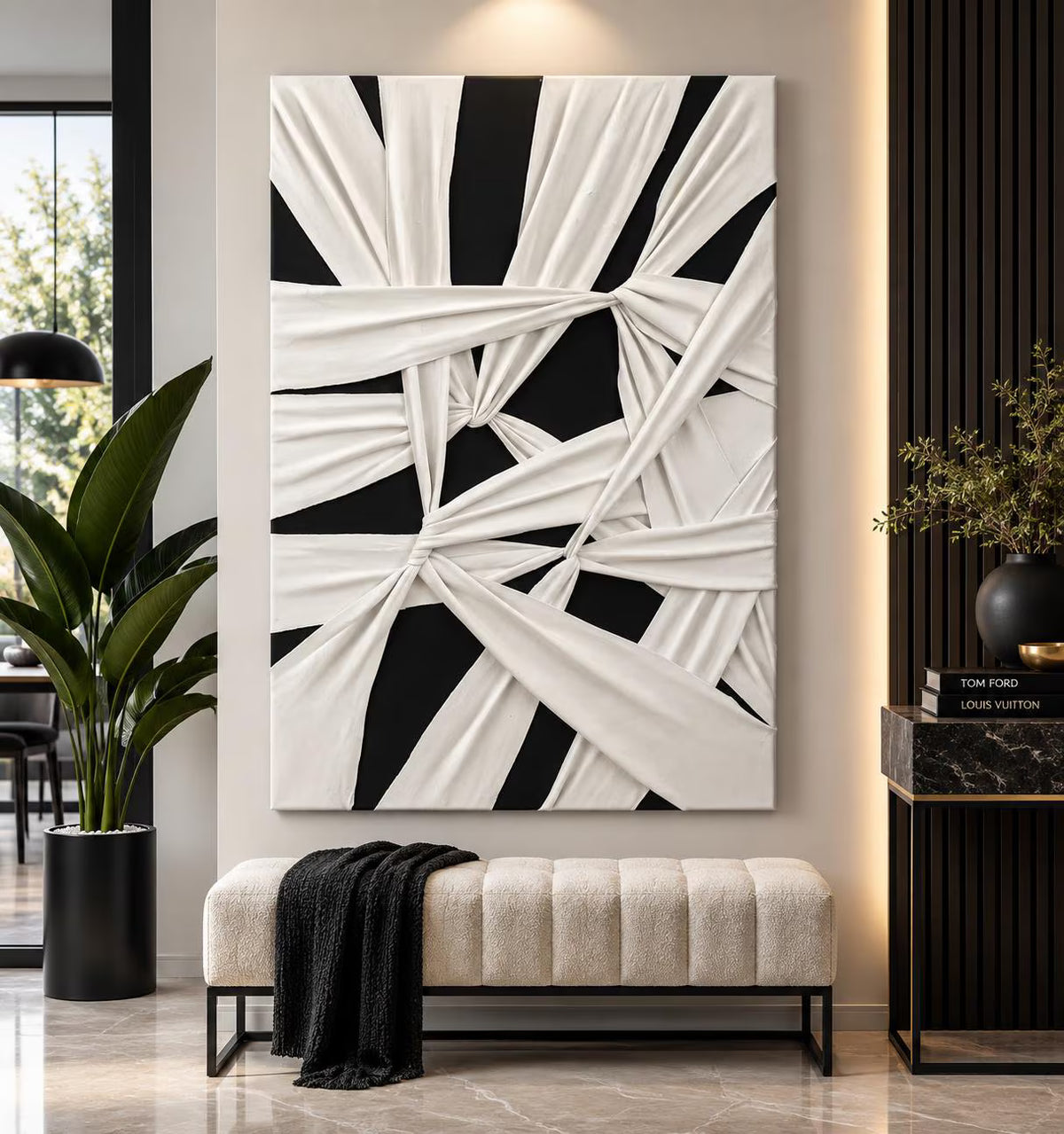 3D Textured Black & White Abstract Canvas | Modern Minimalist Wall Art. (36x24”) Additional sizes available