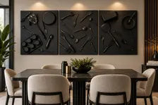 Chef's Kiss - Modern Black handcrafted Kitchen Wall Art Set | 3D Utensil Canvas Panels. &nbsp;1 - 3 Panel Set. (24x20”)